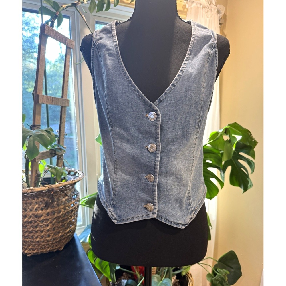 Y2K Refuge Denim Women's Blue Sleeveless Button Front Fitted Vest Size M